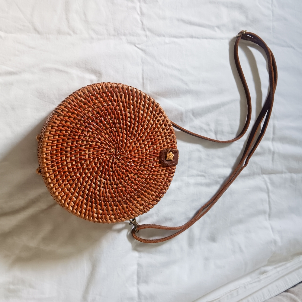 Round Woven Tan Crossbody Bag